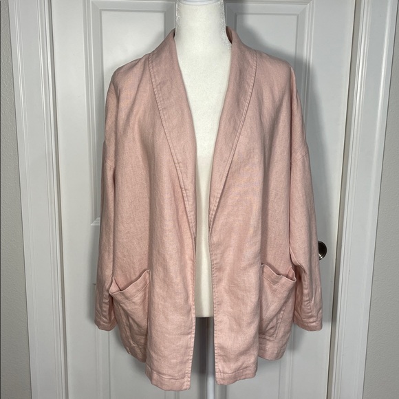 Eileen Fisher Organic Linen Cardigan Small Shawl Collar Open Front Pink Blazer - Picture 3 of 15